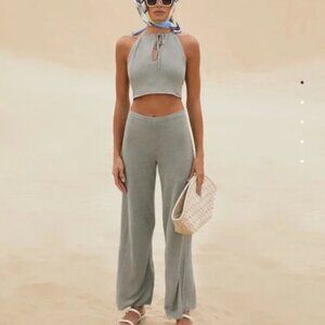 Cult Gaia Gray Knit Crop Top and Wide Leg Pant Set M/L